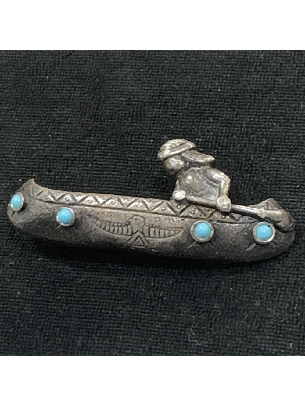 Rare Early Navajo BIG Hand Carved Silver Brooch Canoe 2.5"